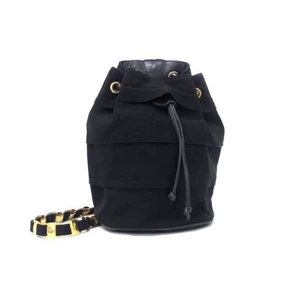 Authentic Salvatore Ferragamo Black Canvas Bucket Backpack Gold Chain 100.